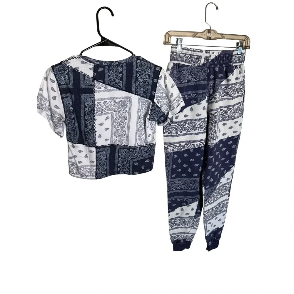 Alice + Olivia Navy White Bandana Elina Paisley Patchwork Pajama Set Boho XS